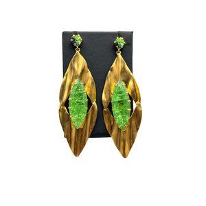 FRANGO Signed Oversized Earrings Green Crackled Glass Stones and Rivoli Stones